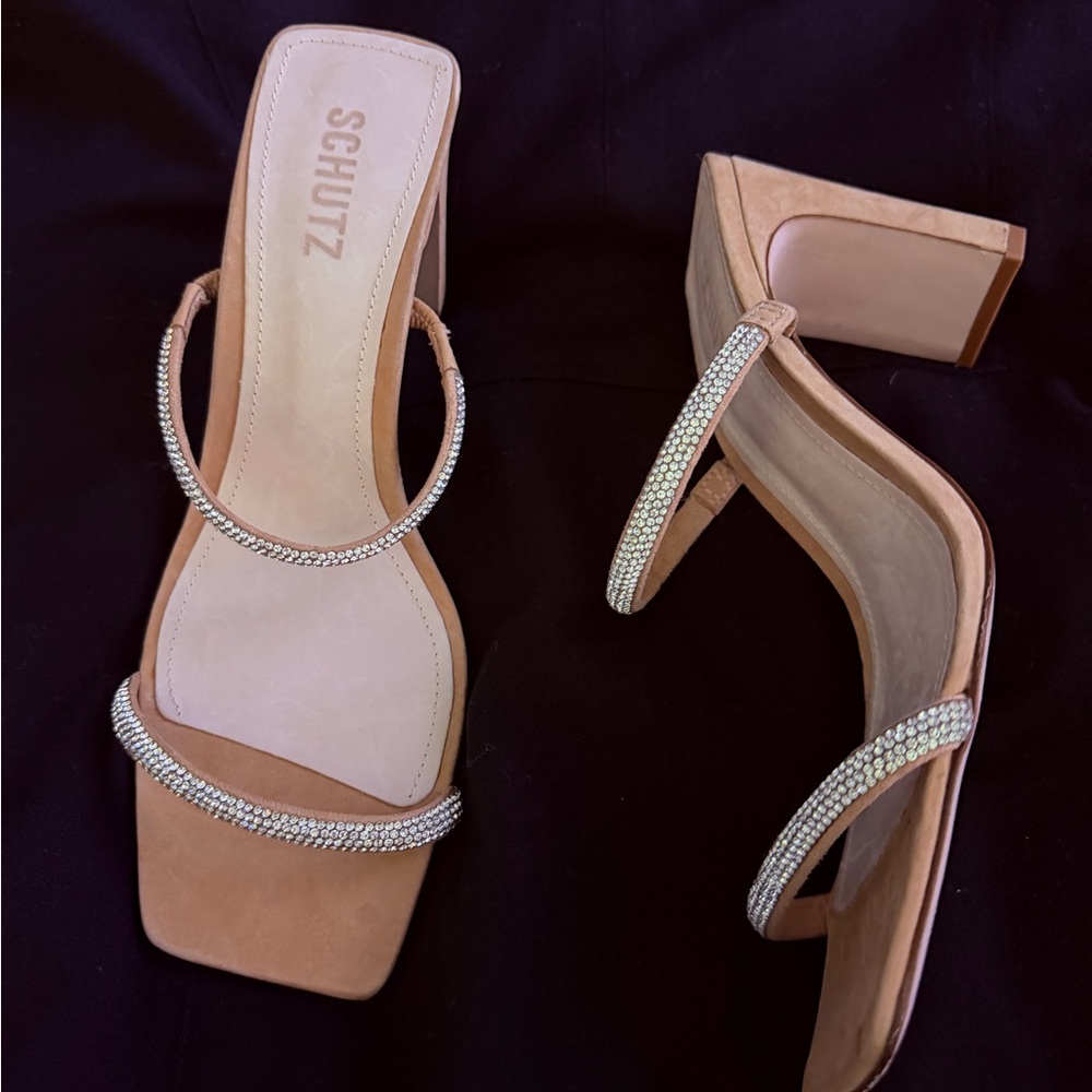 SCHUTZ  Tan Suede and Silver Embellished Straps Heels